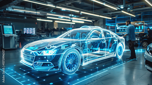 A Technician Examines a Holographic Display of a Luxury Car Featuring Advanced Technology in a Modern Automotive Workshop During the Day