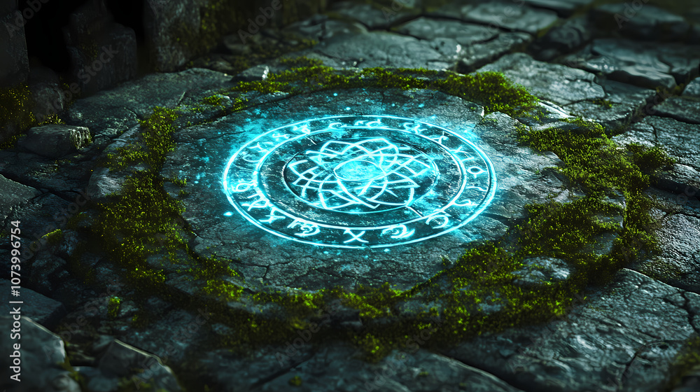 Naklejka premium Ancient glowing magic circle in blue, engraved into a moss-covered stone floor, with arcane symbols shimmering. Arcane. Illustration