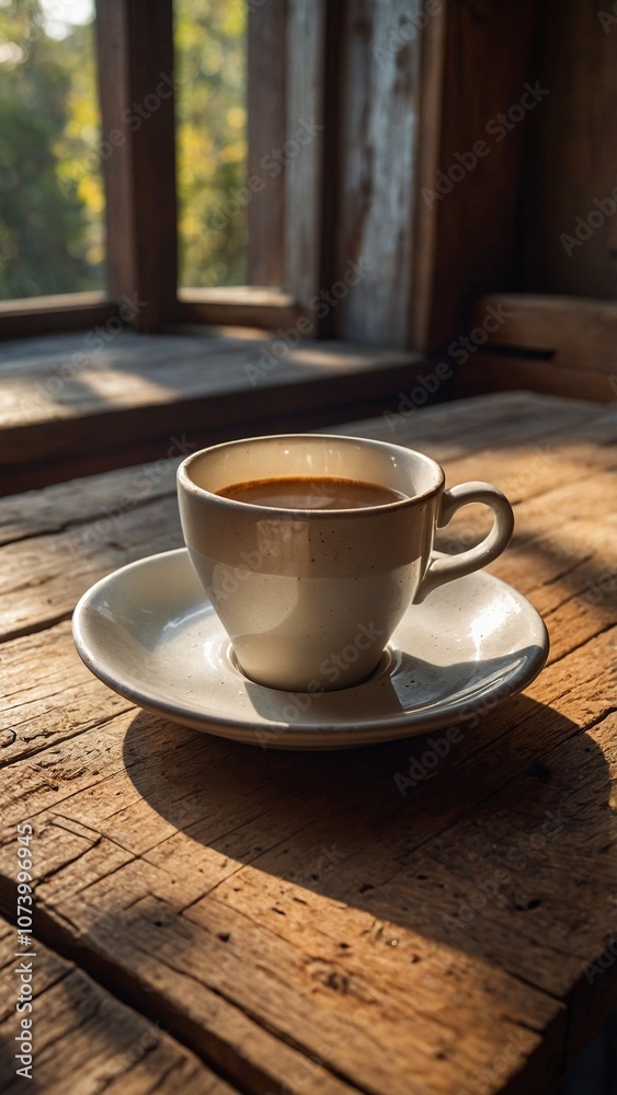 Coffee cup on rustic windowsill evoking loneliness Coffee cup on rustic windowsill evoking loneliness