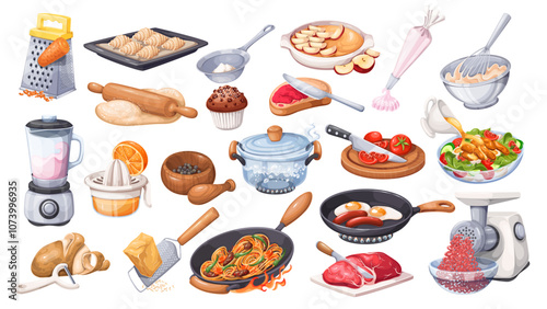 Cooking processes, cartoon food preparation set. Making dough, meals with different ingredients, kitchen equipment and tools. Recipe mascots, cartoon cooking technique collection vector illustration