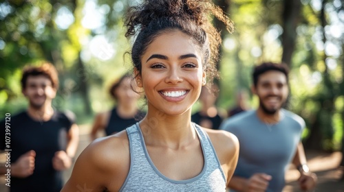  Latin American woman and her friends are running for health or wellness in the morning sunrise at park. 