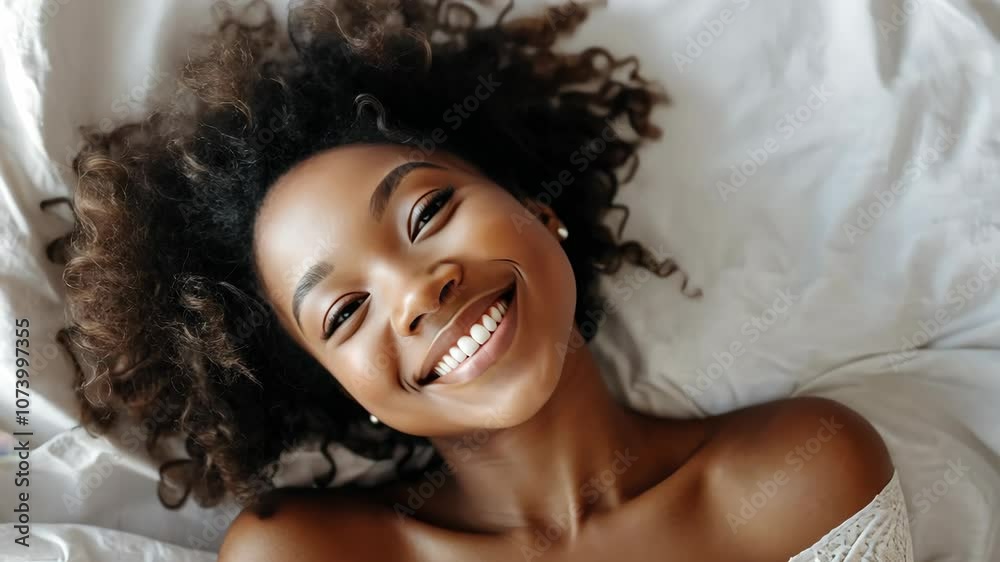 A young black woman with natural curls, smiling while lying on white sheets in a bright, airy room with a minimalist decor A young black woman with natural curls, smiling while lying on white sheets in a bright, airy room with a minimalist decor