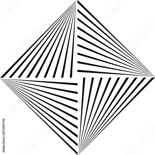 A black and white geometric pattern featuring four triangular sections of radiating lines converging at the corners to create a dynamic diamond shape. Generative AI.
