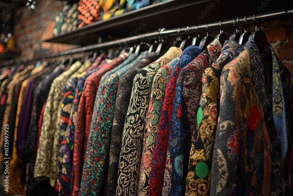 Variety of patterned jackets on hangers. Perfect for illustrating fashion, vintage, and retail concepts. Variety of patterned jackets on hangers. Perfect for illustrating fashion, vintage, and retail concepts.