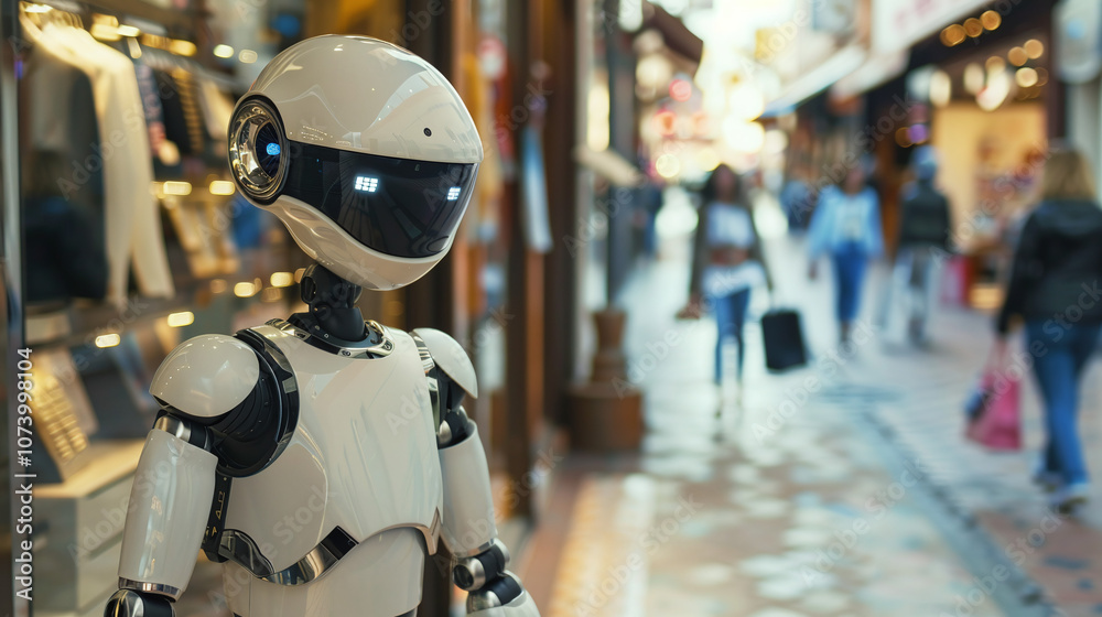 A Humanoid Robot Stands in a Vibrant Shopping District, Observing Passersby and Showcasing Advanced Technology in an Urban Setting During Daylight Hours A Humanoid Robot Stands in a Vibrant Shopping District, Observing Passersby and Showcasing Advanced Technology in an Urban Setting During Daylight Hours