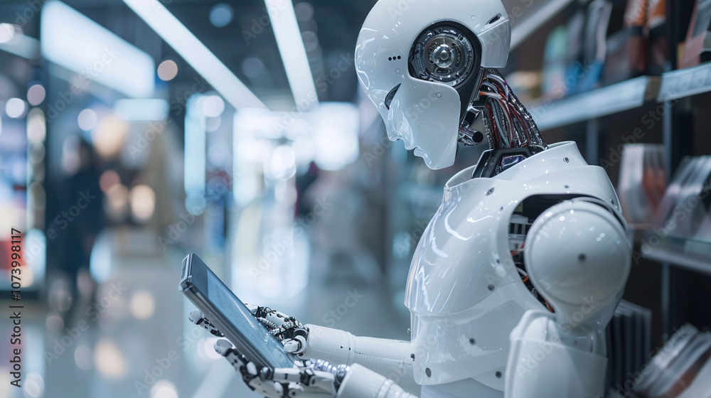 A Humanoid Robot Interacts With a Tablet in a Tech Store, Showcasing Advanced Technology and Artificial Intelligence in a Modern Shopping Environment A Humanoid Robot Interacts With a Tablet in a Tech Store, Showcasing Advanced Technology and Artificial Intelligence in a Modern Shopping Environment