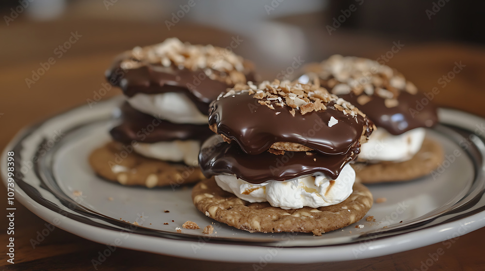 Homemade marshmallow s'mores with chocolate on crackers Homemade marshmallow s'mores with chocolate on crackers