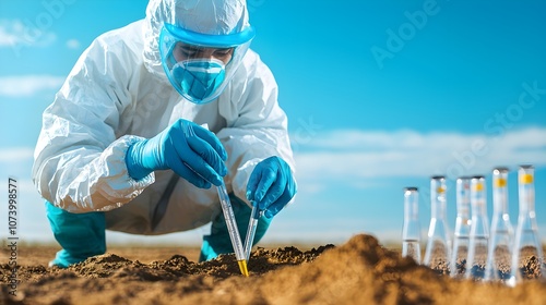 A chemical engineer in a full protective suit analyzing soil samples at an industrially contaminated site, surrounded by test equipment and data charts photo