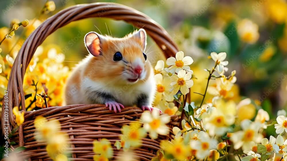 small cute hamster peeking out from a basket surrounded by blooming yellow flowers under soft daylight small cute hamster peeking out from a basket surrounded by blooming yellow flowers under soft daylight