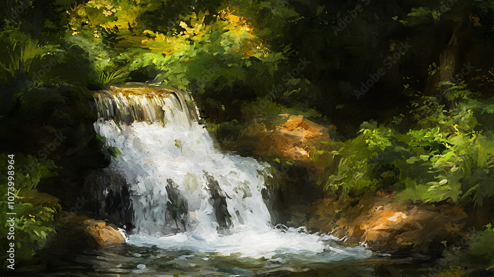 Enchanting waterfall hidden in lush forest serene natural oasis cascading waters verdant foliage tranquil ambiance digital painting Enchanting waterfall hidden in lush forest serene natural oasis cascading waters verdant foliage tranquil ambiance digital painting