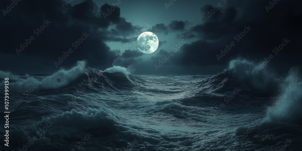 Fototapeta premium Full moon shining over stormy ocean waves at night