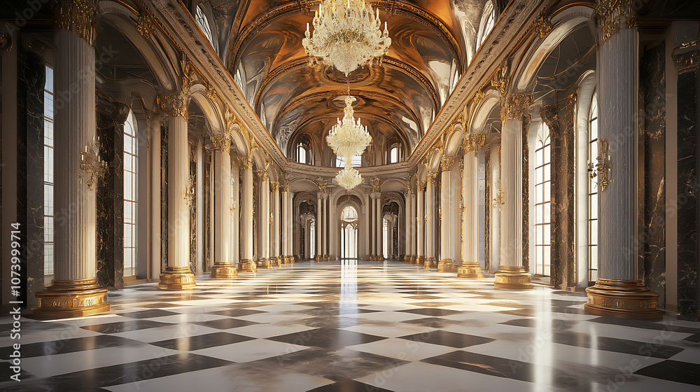 Fototapeta premium Majestic fantasy palace hall interior with intricate architecture realistic game concept illustration digital cg artwork