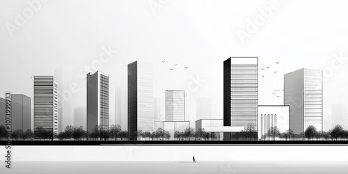 Modern city skyline sketch with birds flying and businessman walking in black and white photo