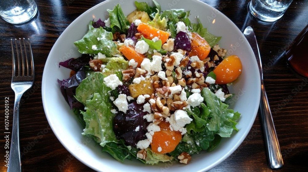 Fresh and Colorful Salad with Mixed Greens, Sweet Peaches, and Crumbled Feta Cheese Topped with Toasted Nuts in a Bowl on a Wooden Table Fresh and Colorful Salad with Mixed Greens, Sweet Peaches, and Crumbled Feta Cheese Topped with Toasted Nuts in a Bowl on a Wooden Table