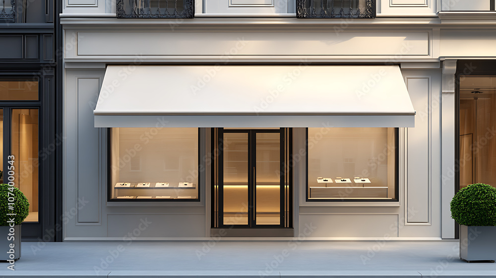 Fototapeta premium Modern retail storefront with elegant awning design 3d illustration