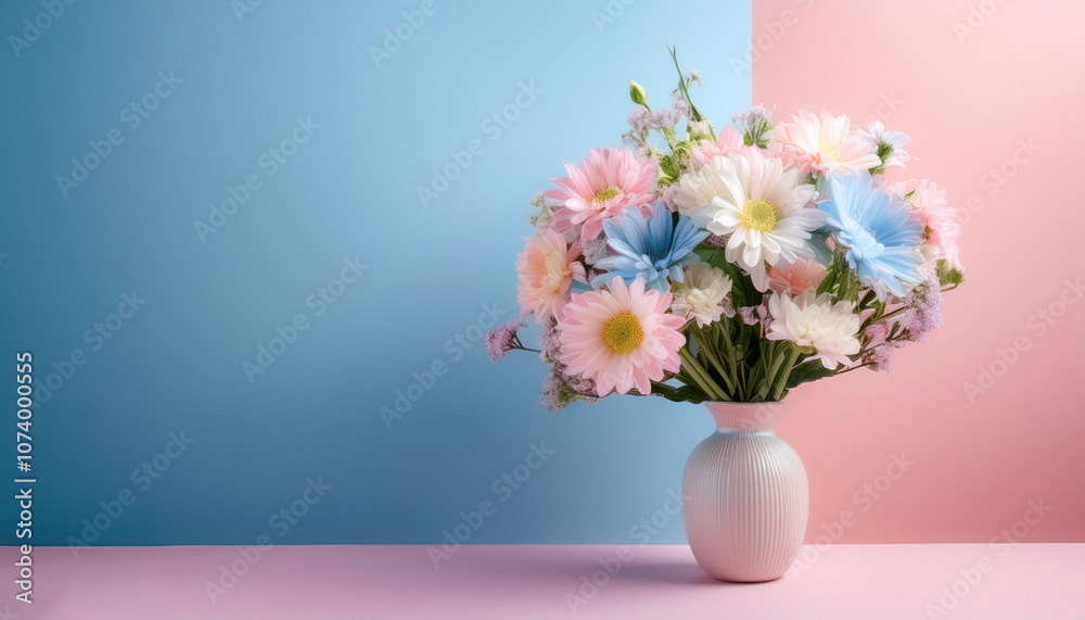 Fresh flowers in a simple vase, isolated on a soft blue and Pink Pastel Fresh flowers in a simple vase, isolated on a soft blue and Pink Pastel