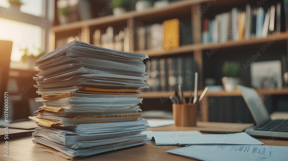 Neat stack of important business documents and papers on office desk administration and paperwork concept Neat stack of important business documents and papers on office desk administration and paperwork concept