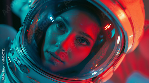 Female astronaut wearing space helmet exploring a new planet with red and blue lights