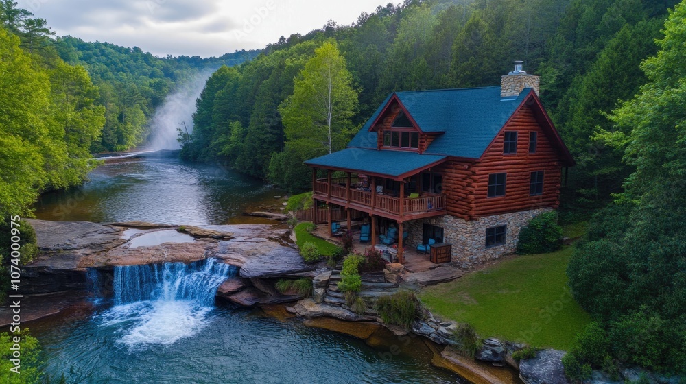 Serene Log Cabin Retreat by Lush Trees and Tranquil River with Gentle Waterfall, Perfect for Getaway or Nature Escape in Picturesque Landscape Serene Log Cabin Retreat by Lush Trees and Tranquil River with Gentle Waterfall, Perfect for Getaway or Nature Escape in Picturesque Landscape