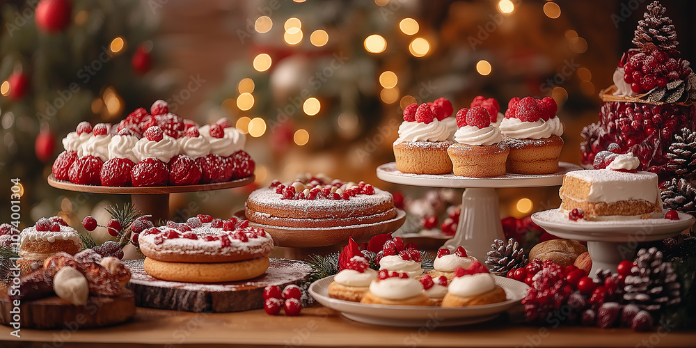 Naklejka premium Christmas cakes and desserts displayed on table with christmas tree in background