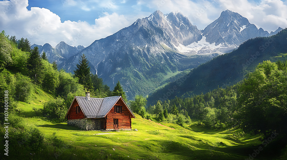Serene mountain retreat idyllic house nestled in lush green landscape with majestic peaks in background digital painting Serene mountain retreat idyllic house nestled in lush green landscape with majestic peaks in background digital painting