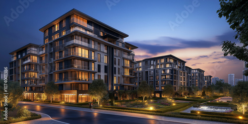 Modern residential buildings illuminating the city at dusk
