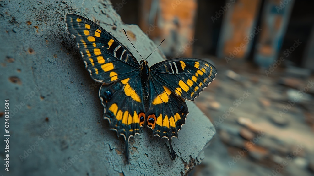 Bright butterfly on a dull grey concrete wall, with the backdrop of abandoned industrial buildings, emphasizing nature's beauty amidst urban decay Bright butterfly on a dull grey concrete wall, with the backdrop of abandoned industrial buildings, emphasizing nature's beauty amidst urban decay