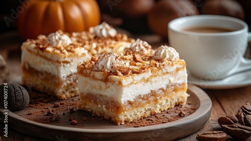 Wallpaper Mural Tempting slices of pumpkin cheesecake rest on a wooden table, adorned with whipped cream and sprinkled with cinnamon. paired with a steaming cup of coffee, this dessert exudes an autumnal, cozy charm Torontodigital.ca