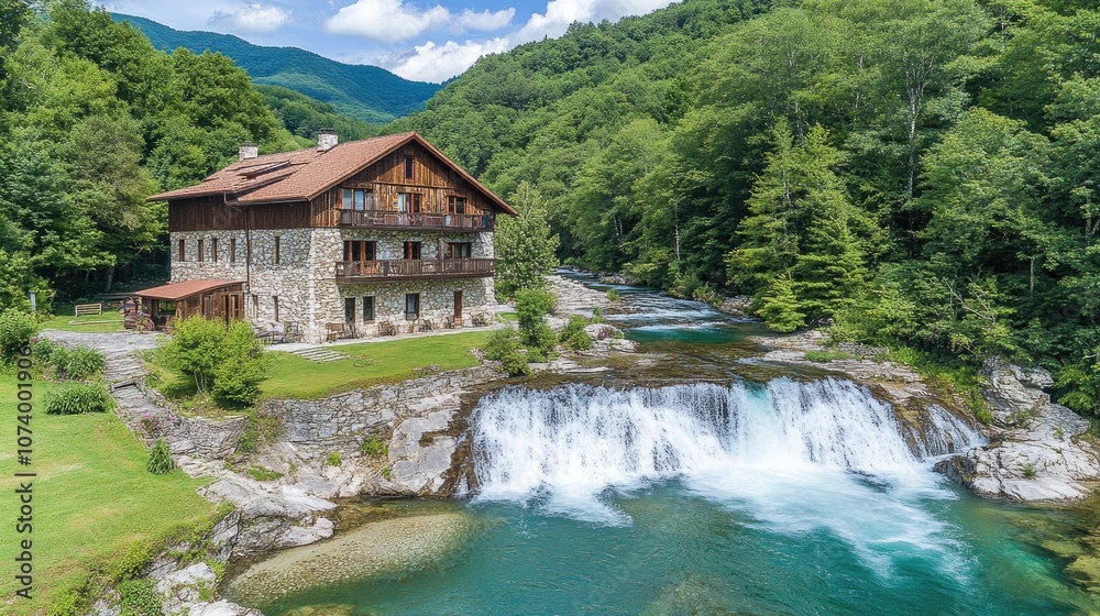 Serene Landscape Featuring Rustic Stone House by Flowing River and Lush Green Mountains Under Blue Sky with Fluffy Clouds