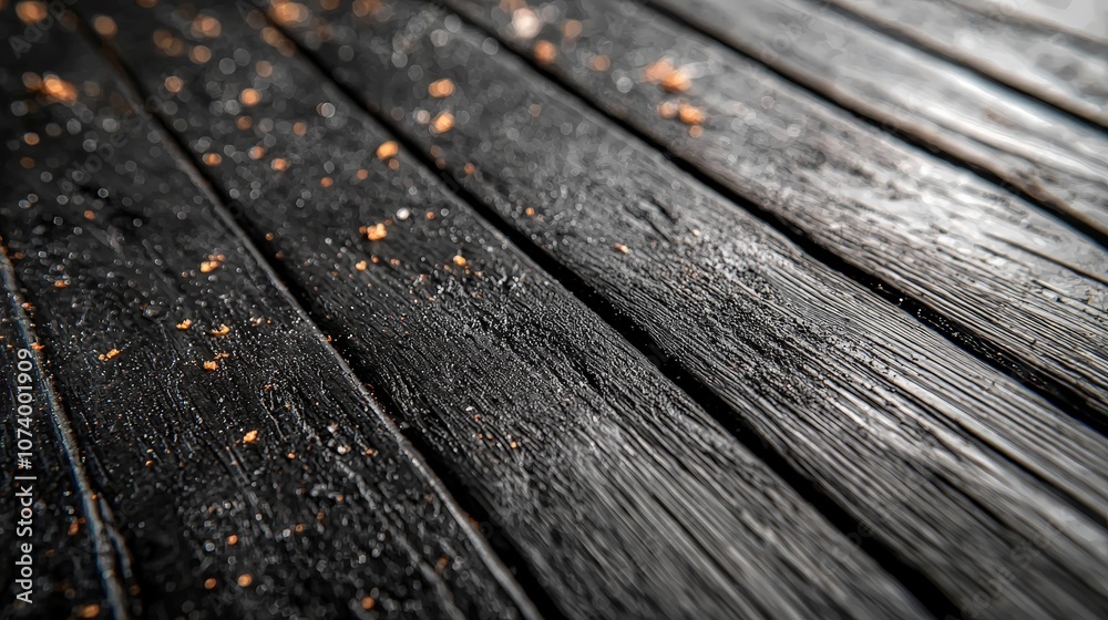 Close-up of textured black wooden planks with scattered particles. Close-up of textured black wooden planks with scattered particles.