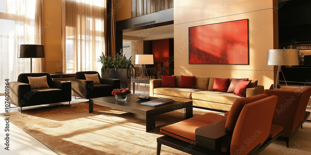 Sunlight illuminating the elegant lobby of a modern hotel Sunlight illuminating the elegant lobby of a modern hotel