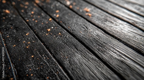 Close-up of textured black wooden planks with scattered particles.