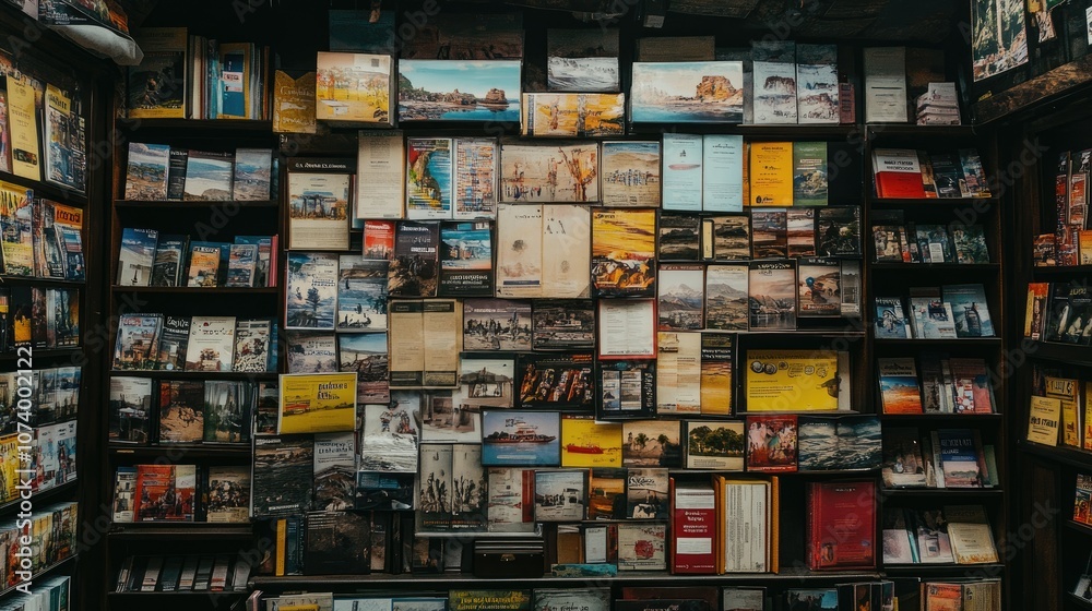 custom made wallpaper toronto digitalA Vibrant Bookstore Display Featuring Numerous Travel Guides, Colorful Brochures, and Art Prints Showcasing Diverse Destinations and Cultures