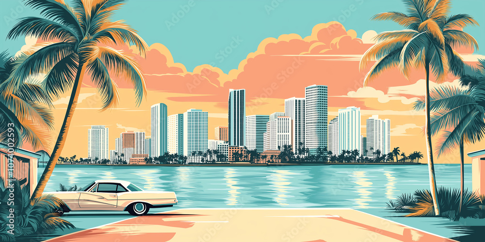 Obraz premium Classic car parked by the ocean with miami skyline at sunset