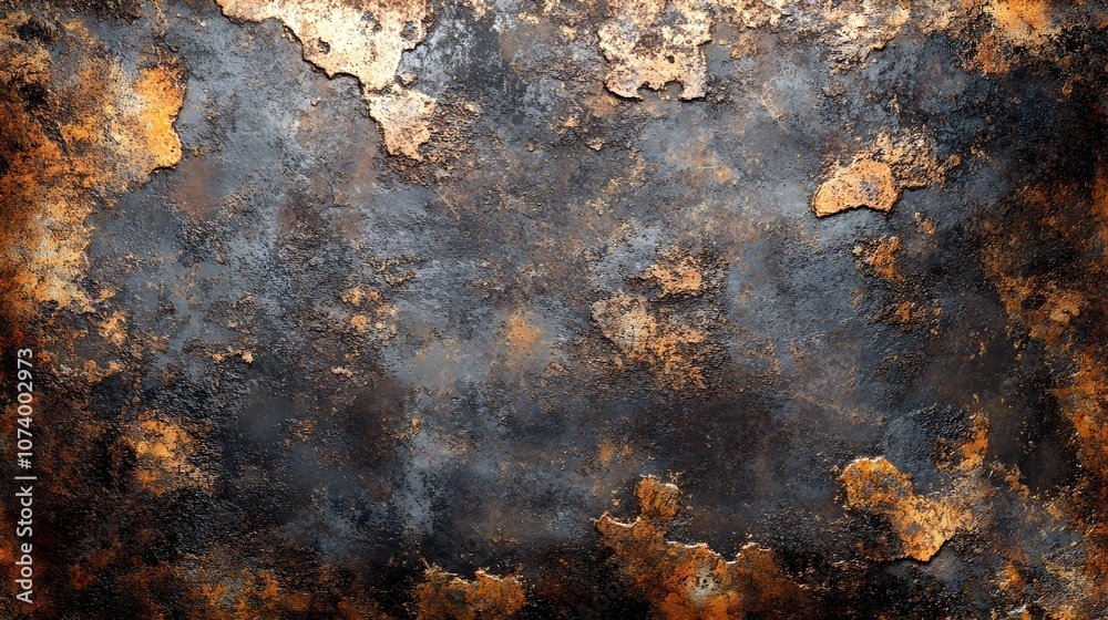 Metallic surface covered in rust flakes, uneven texture and discoloration, detailed weathered sheet perfect for industrial backgrounds, rust texture, grunge style Metallic surface covered in rust flakes, uneven texture and discoloration, detailed weathered sheet perfect for industrial backgrounds, rust texture, grunge style