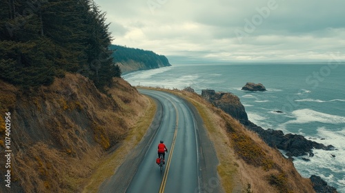 Scenic Coastal Ride: A Cyclist Traverses the Curved Road Along a Rugged Shoreline with Dramatic Cliffs and Waves Crashing Against the Rocks Under a Cloudy Sky photo