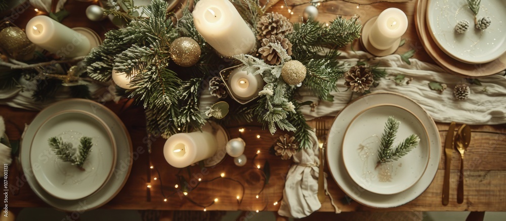 Festive dinner table setting with candles and greenery in winter Festive dinner table setting with candles and greenery in winter