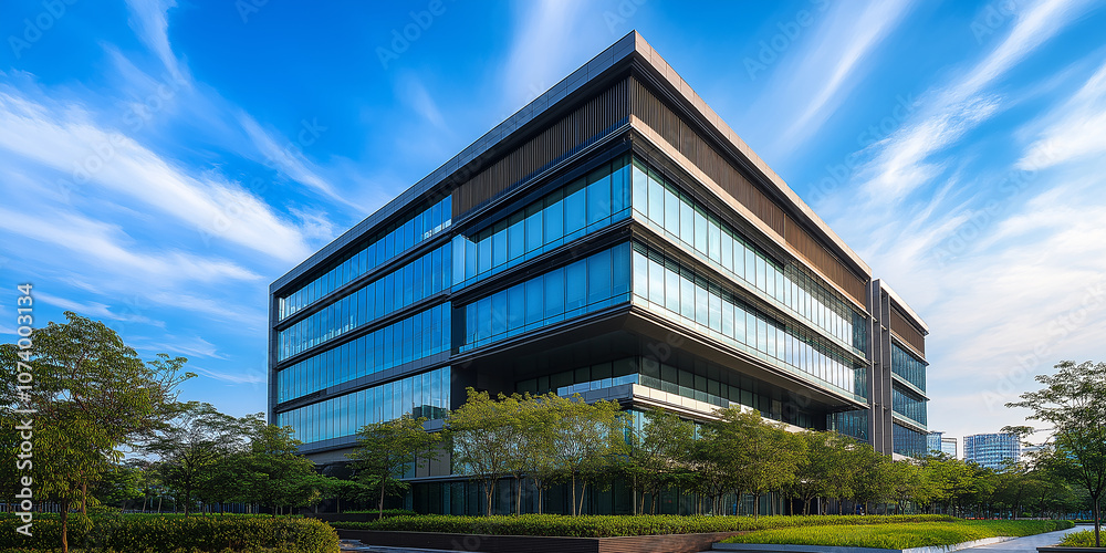 Modern office building reflecting blue sky and clouds on glass facade Modern office building reflecting blue sky and clouds on glass facade