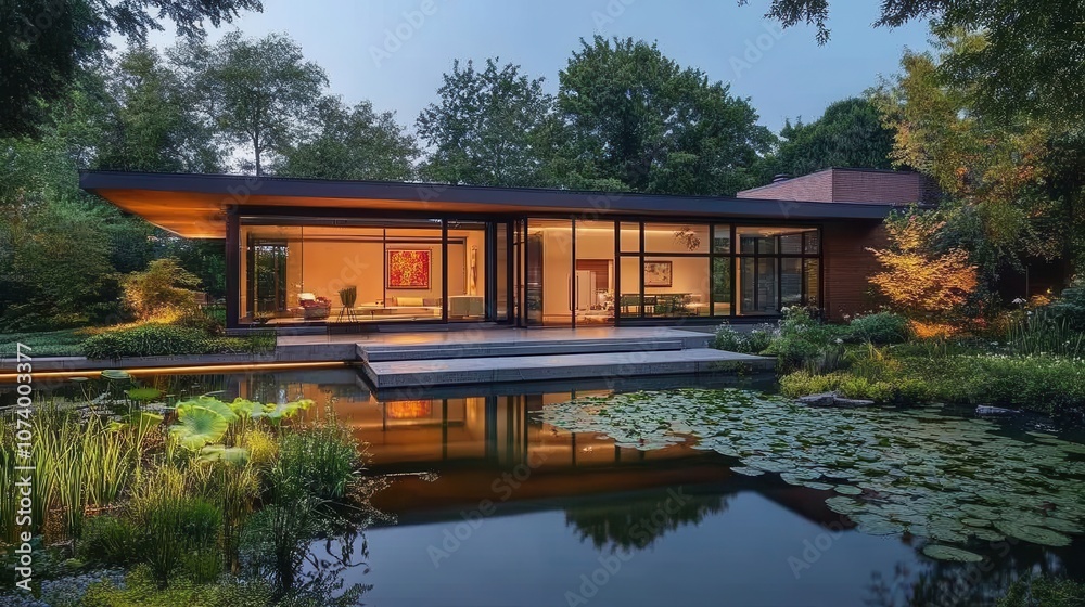 Fototapeta premium Modern home with a pond in the backyard. This image can be used for real estate, architecture, and interior design websites.
