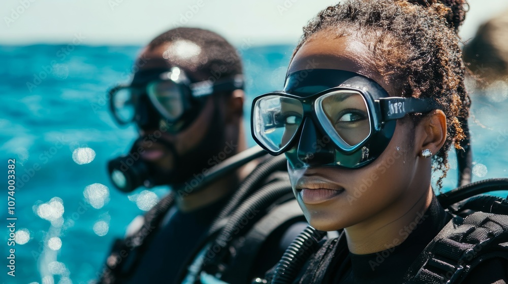 Exploring the outdoors black adventurers embracing water sports like scuba diving together Exploring the outdoors black adventurers embracing water sports like scuba diving together