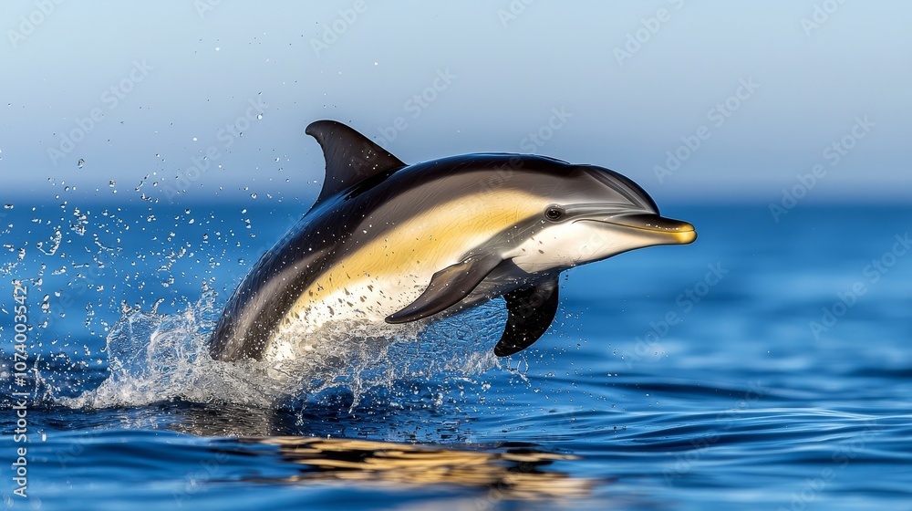 Obraz premium Majestic dolphin breaking the ocean surface in golden sunlight, droplets scatter around in a splash, endless horizon in the background, vibrant blue tones