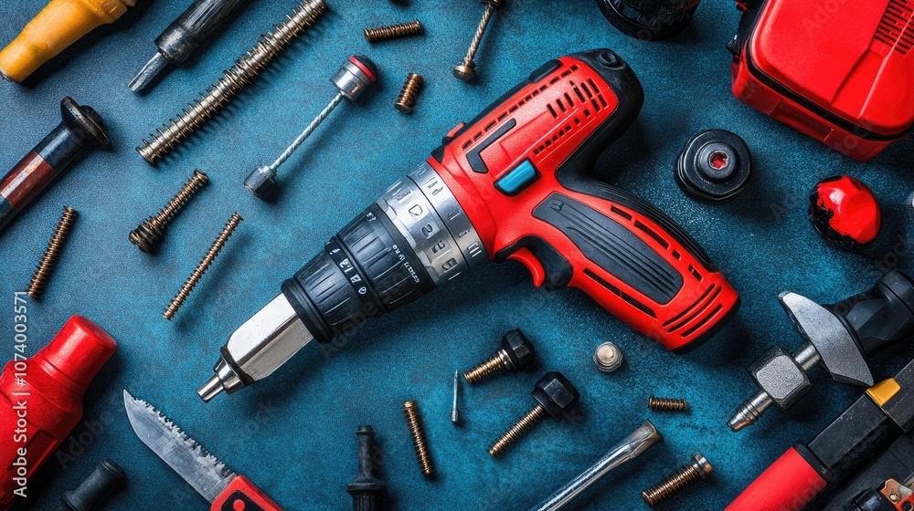 Professional Tools Displayed on Tabletop: Red Screwdriver, Various Screws, Bolts, Wrenches, and Accessories for Home Repair and Construction Projects Professional Tools Displayed on Tabletop: Red Screwdriver, Various Screws, Bolts, Wrenches, and Accessories for Home Repair and Construction Projects