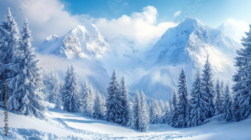 Snowy mountain landscape with fir trees digital painting