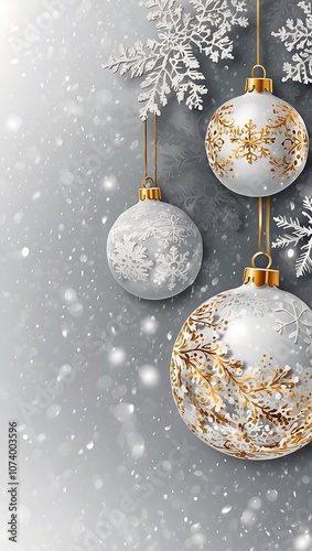 Elegant Christmas ornaments in white, gold, and silver with snowflake patterns, set against a snowy winter backdrop.
