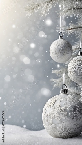 Elegant Christmas ornaments in white with snowflake patterns, set against a snowy winter backdrop.