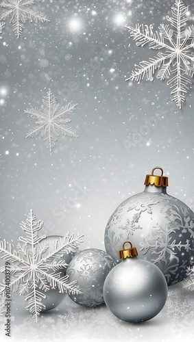 Elegant Christmas ornaments in white, gold, and silver with snowflake patterns, set against a snowy winter backdrop.