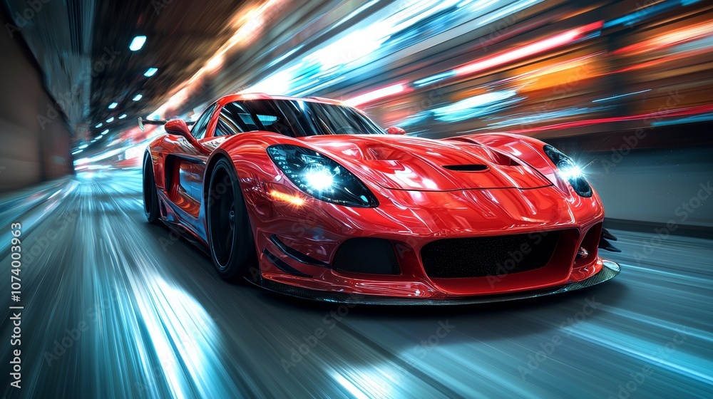 High-speed red car, light trails, blurred background for intense motion effect High-speed red car, light trails, blurred background for intense motion effect