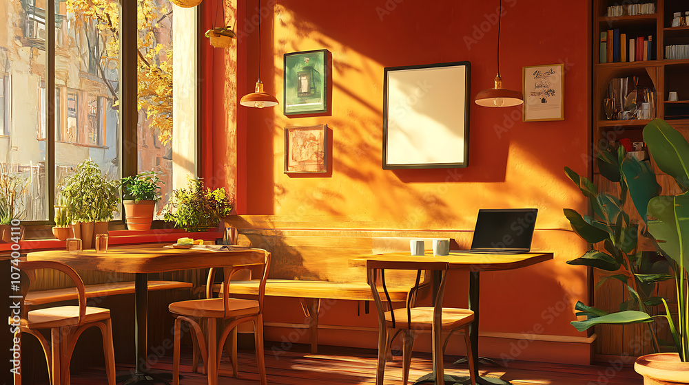 Tranquil workspace in cozy cafe with blank laptop screen mockup digital illustration Tranquil workspace in cozy cafe with blank laptop screen mockup digital illustration