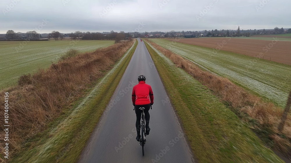 A Cyclist Riding Through Scenic Countryside Along a Quiet Path Surrounded by Green Fields and Serenity on a Cloudy Day A Cyclist Riding Through Scenic Countryside Along a Quiet Path Surrounded by Green Fields and Serenity on a Cloudy Day