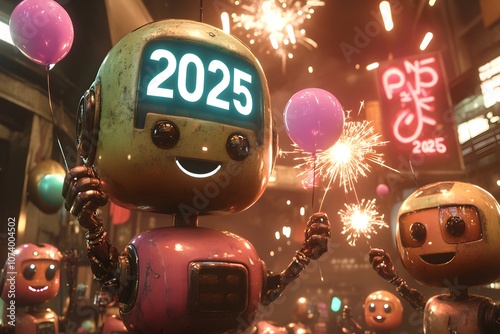 Happy robots holding balloons and sparklers with digital number 2025, celebrating Happy New Year on a festive street at night. Futuristic artificial intelligence concept